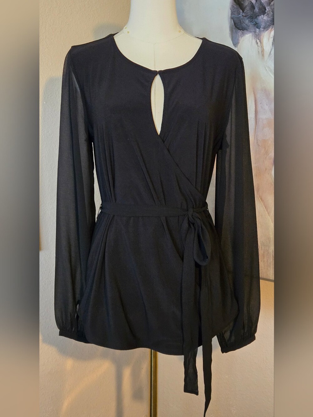 WHBM Faux Wrap Matte Jersey Woven Sheer Sleeve Tie Waist Blouse Black NWT